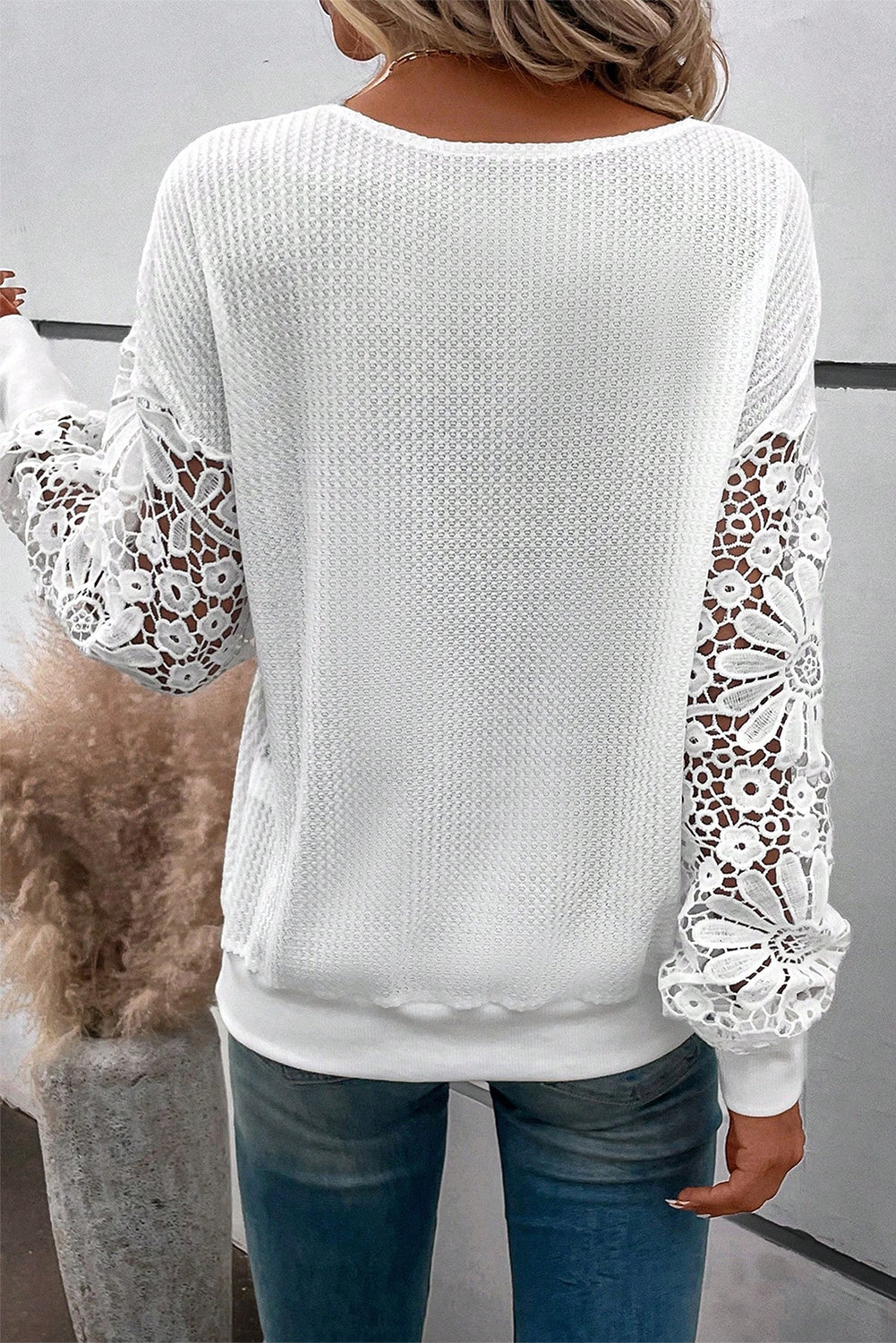 White Lace Splicing V Neck Drop Sleeve Shirt