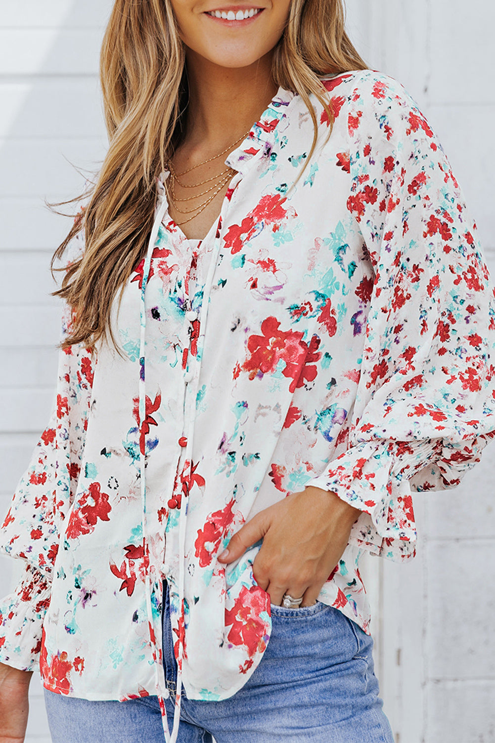Red Floral Print Boho Tie Front Long Sleeve Blouse for Women