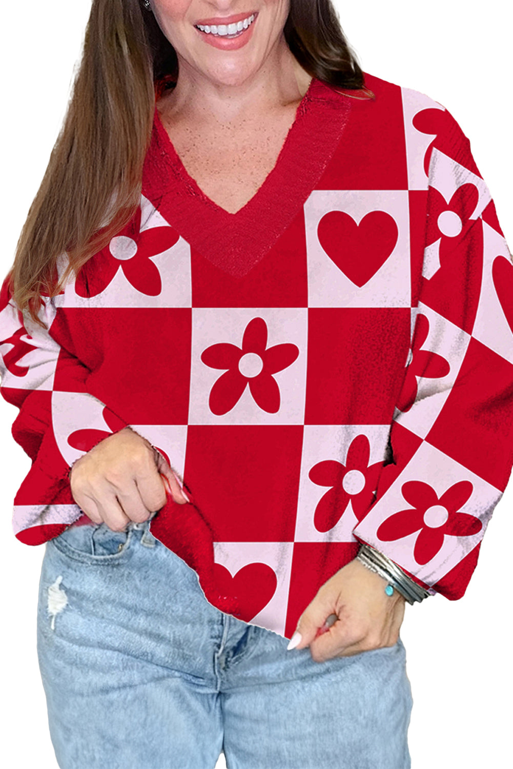 Fiery Red Floral Heart Pattern Plaid V Neck Sweater