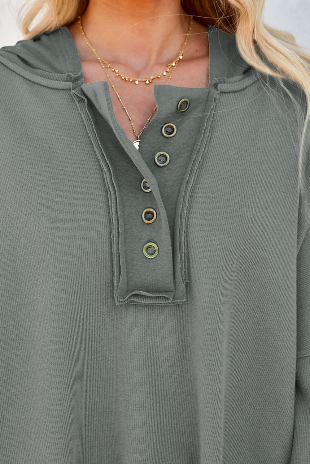 Khaki Solid Casual Button Patchwork Seam Trim Hoodie