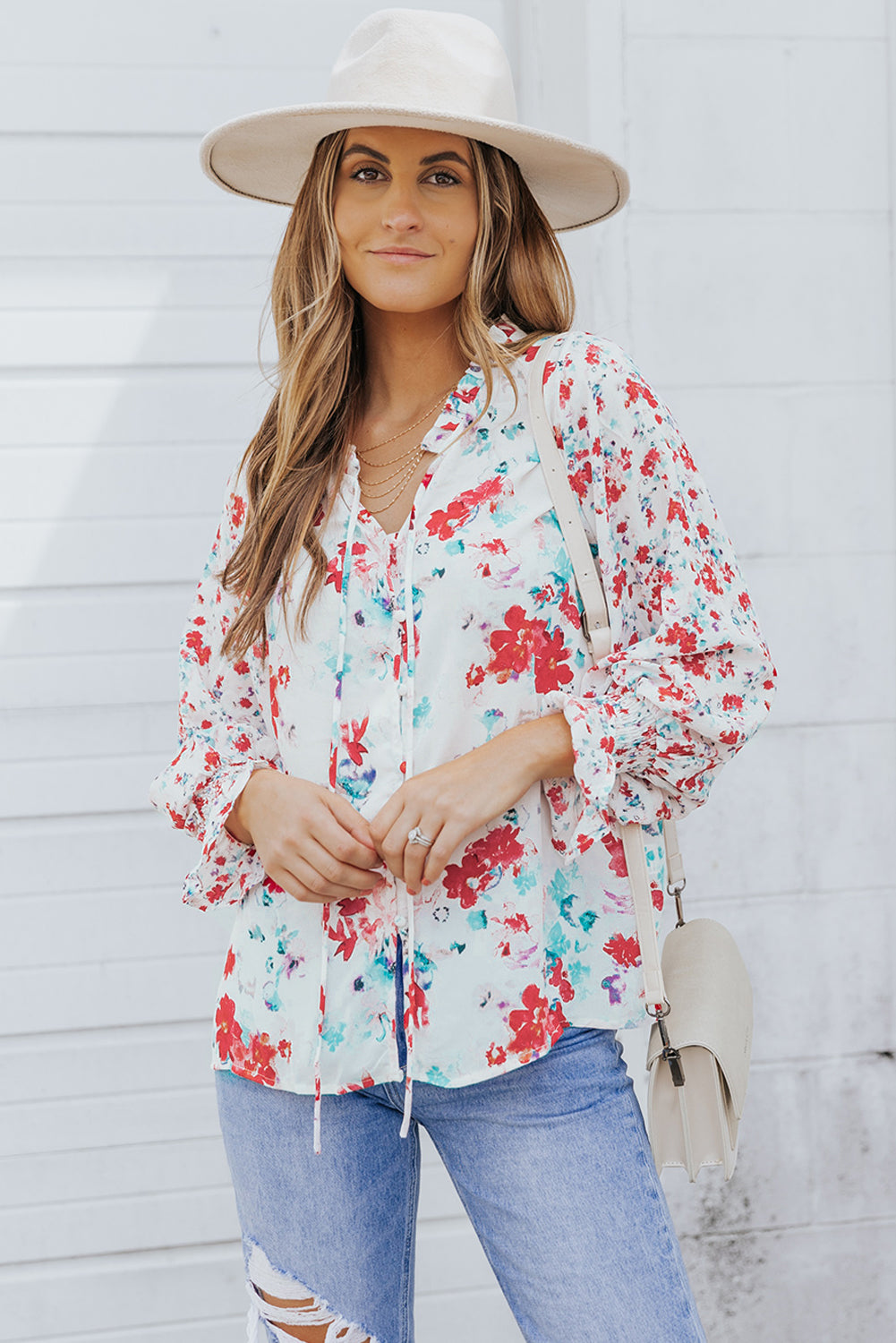 Red Floral Print Boho Tie Front Long Sleeve Blouse for Women