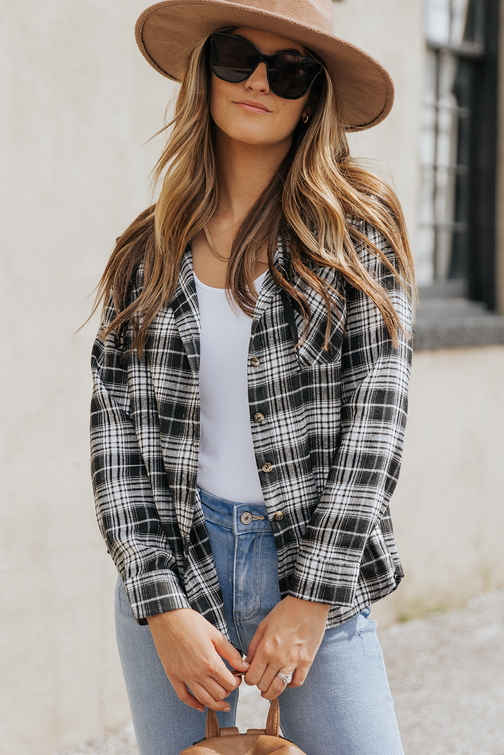 Black Plaid Drawstring Hooded Shacket