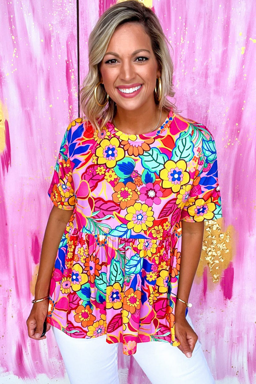 Rose Floral Print Short Sleeve Pleated Babydoll Blouse