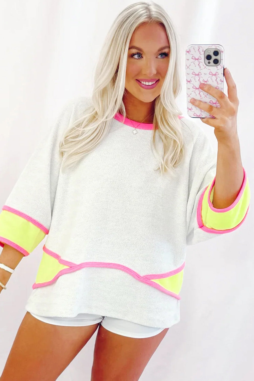 White Colorblock Three Quarter Length Sleeve Round Neck Shift Blouse