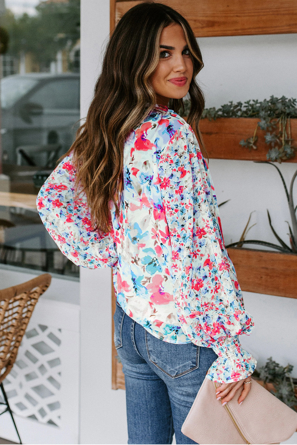 Red Floral Print Boho Tie Front Long Sleeve Blouse for Women
