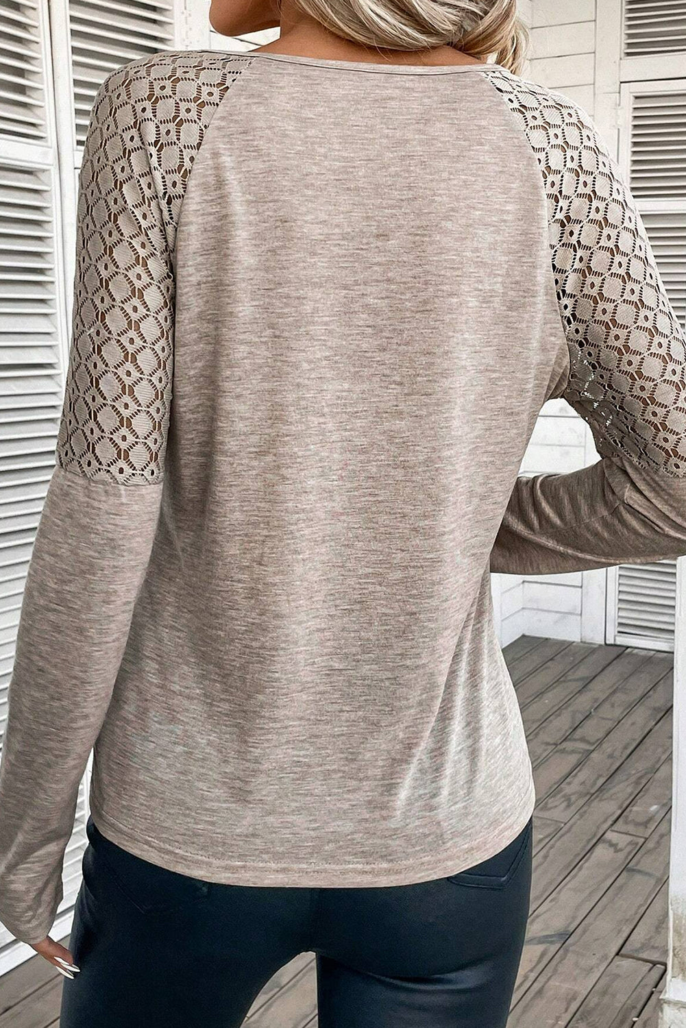 Simply Taupe Lace Crochet Scalloped V Neck Long Sleeve Blouse