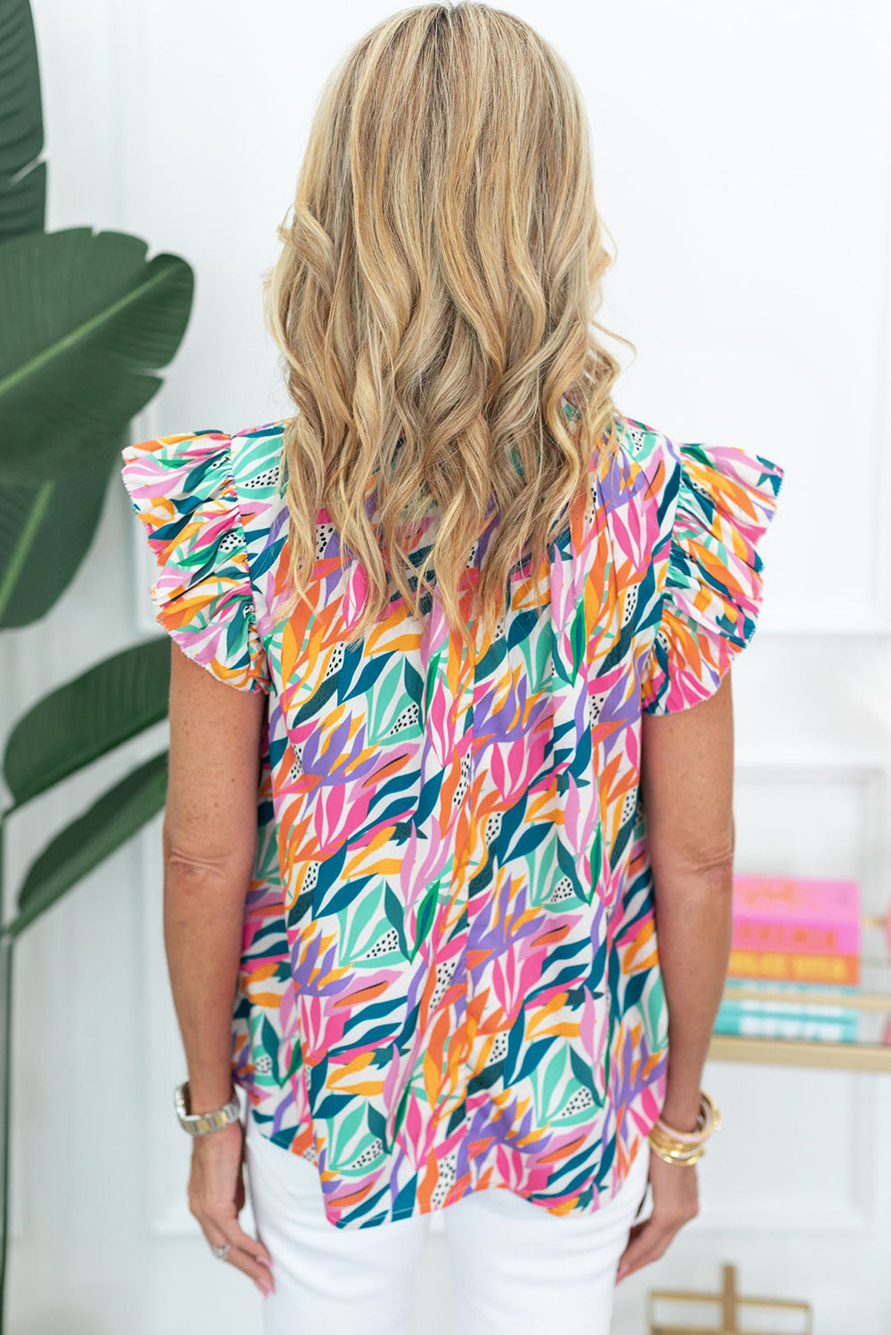 Rose Red Abstract Print Ruffled Flutter Shoulder Blouse