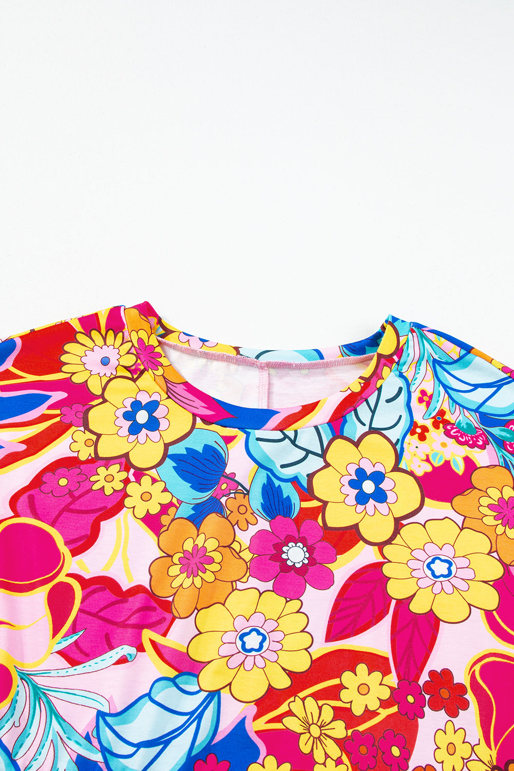 Rose Floral Print Short Sleeve Pleated Babydoll Blouse