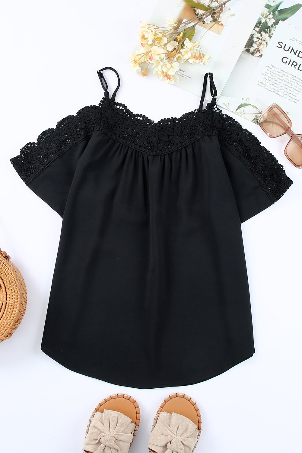 Red Crochet Cold Shoulder Spaghetti Strap Top