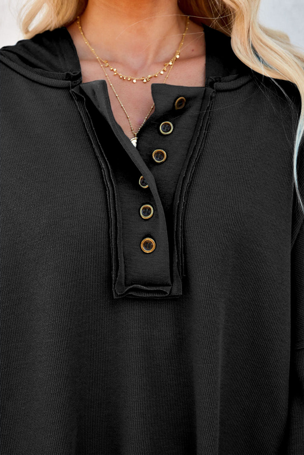 Khaki Solid Casual Button Patchwork Seam Trim Hoodie