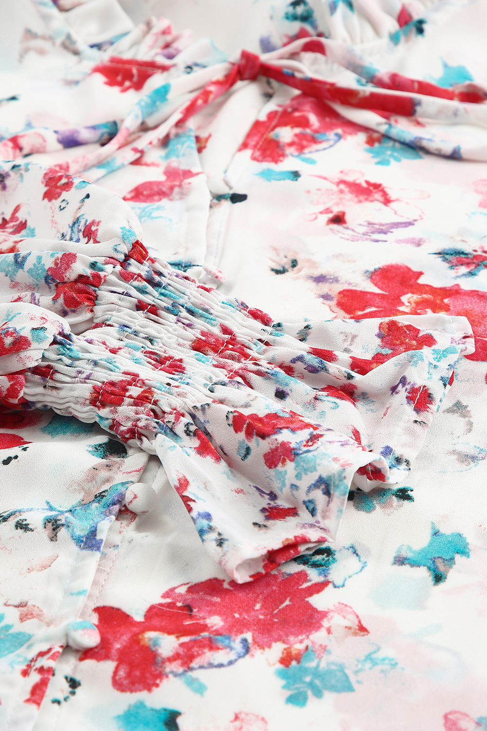 Red Floral Print Boho Tie Front Long Sleeve Blouse for Women