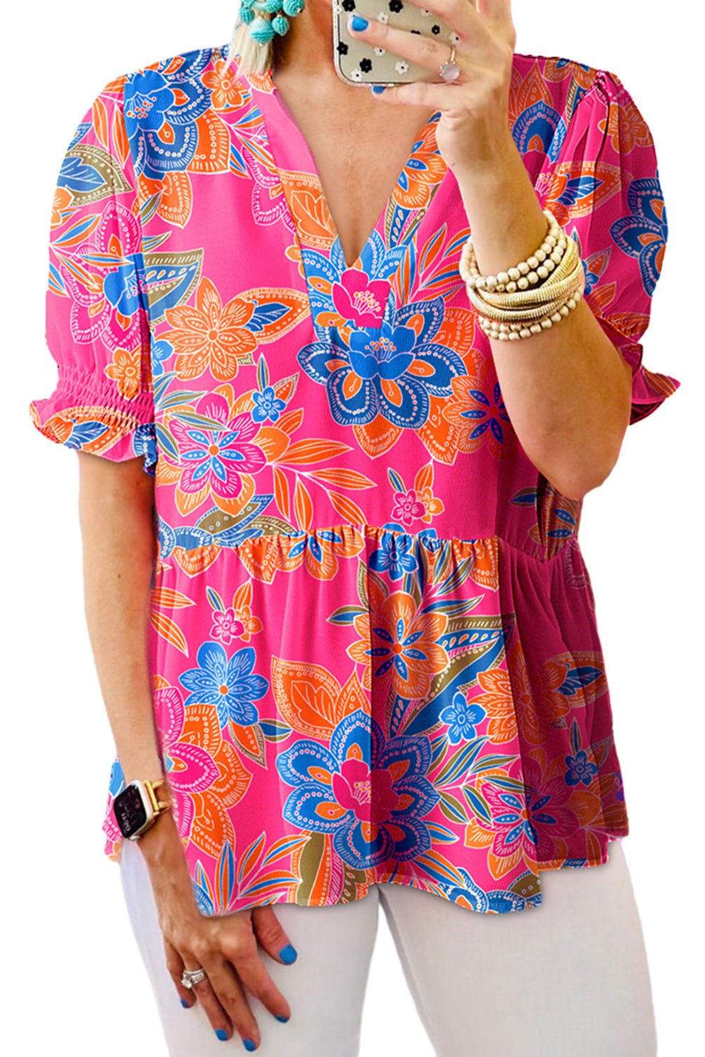 Rose Bohemian Floral Smocked Puff Sleeve Peplum Blouse