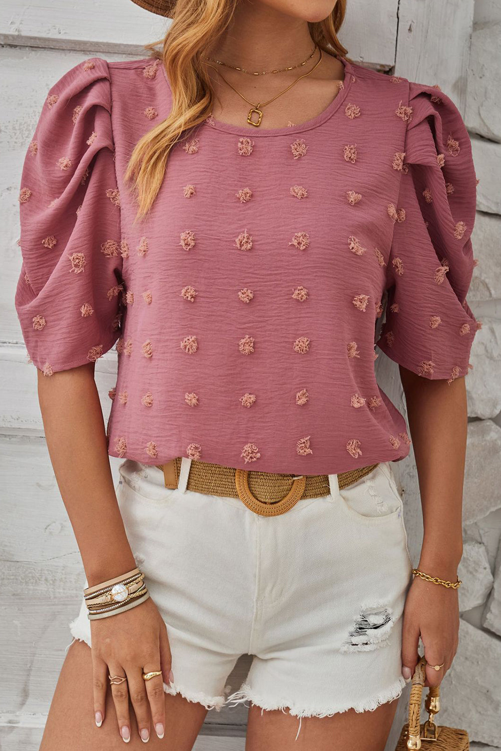 Rose Pink Swiss Dot Jacquard Puff Sleeve Blouse