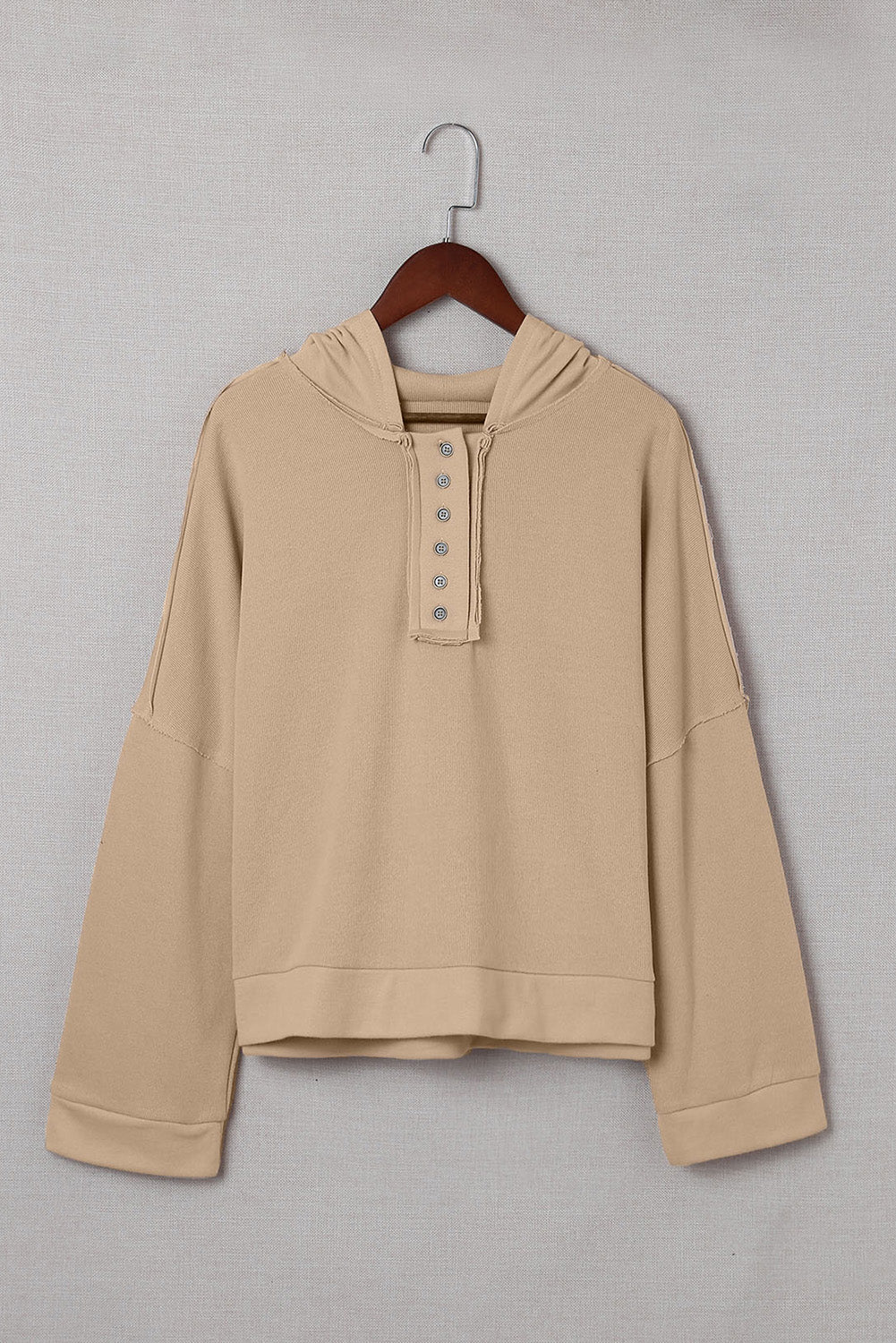 Khaki Solid Casual Button Patchwork Seam Trim Hoodie
