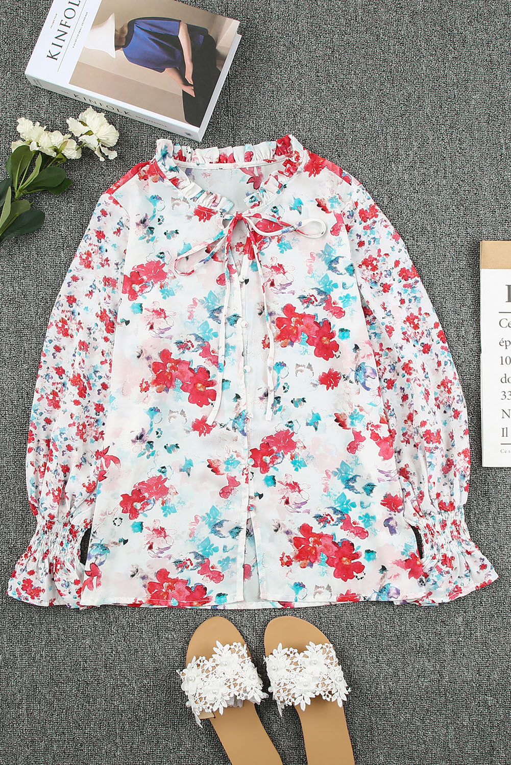 Red Floral Print Boho Tie Front Long Sleeve Blouse for Women