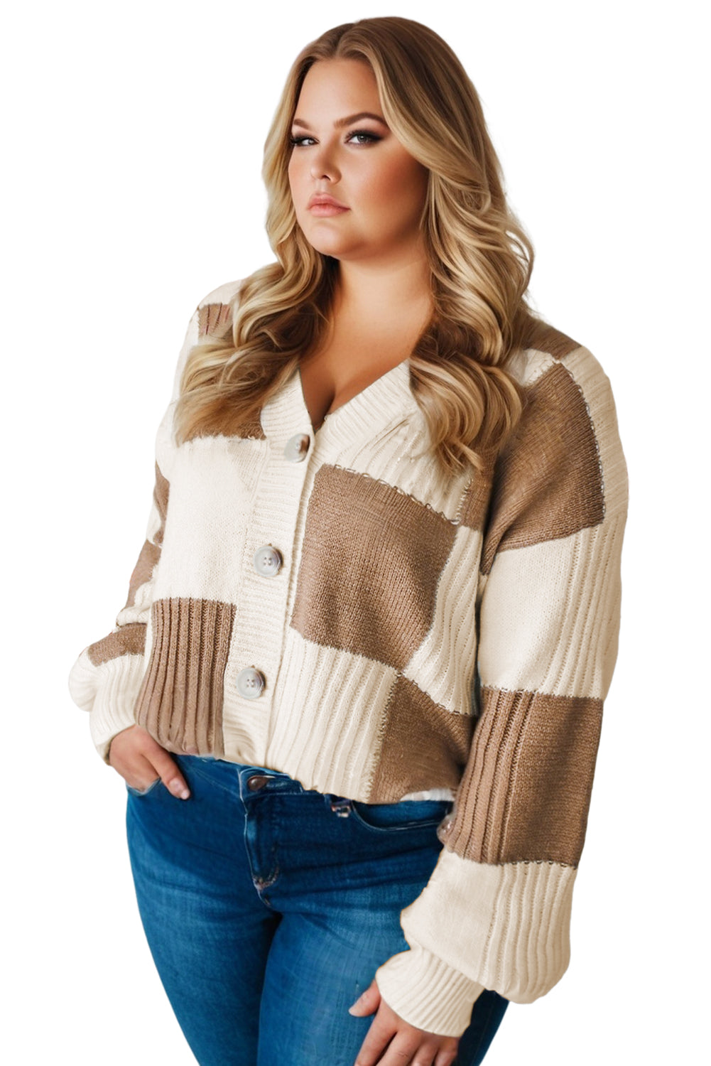 Khaki Checkered Ribbed Button Up Plus Size Cardigan