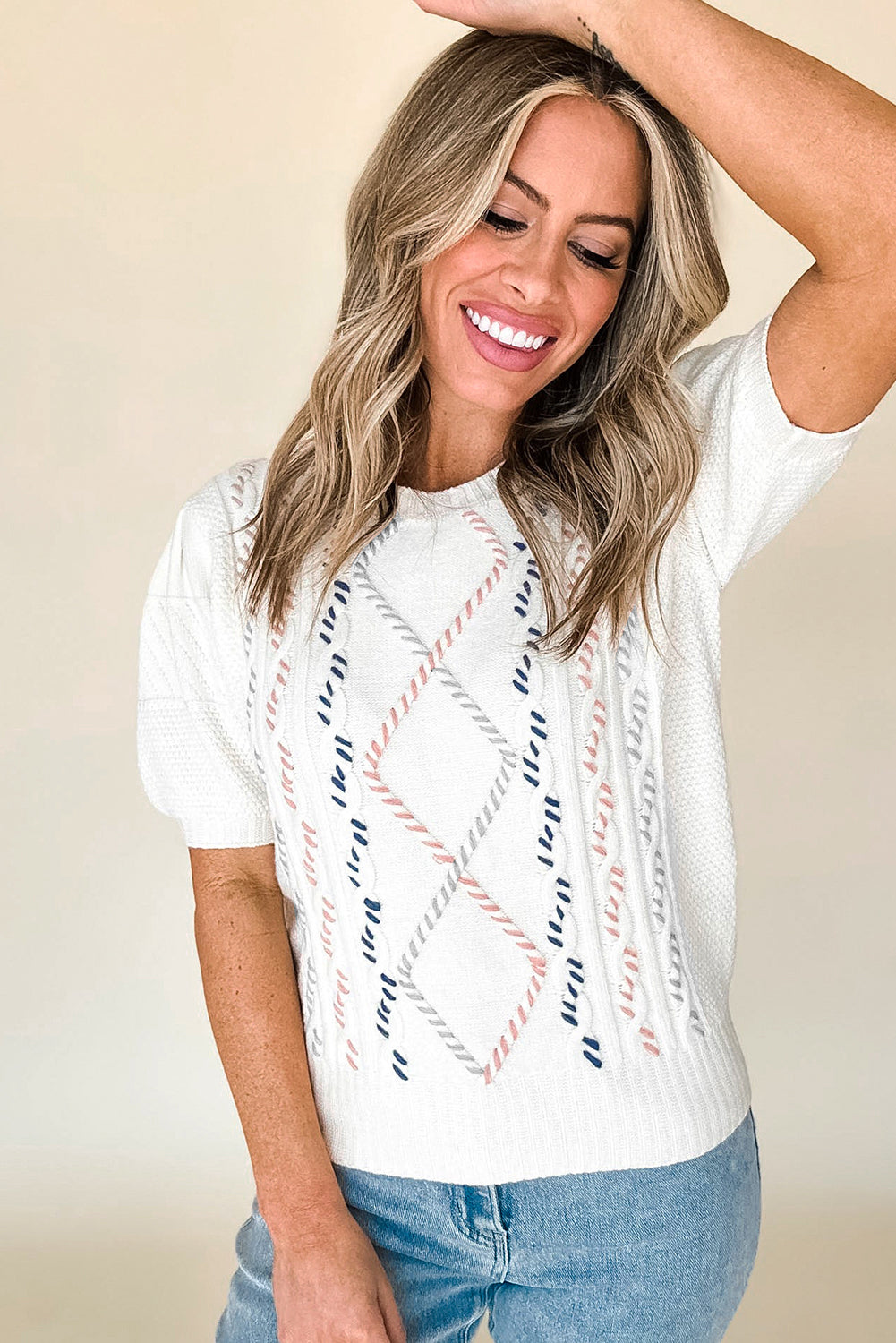 White Argyle Puff Sleeve Knit Top