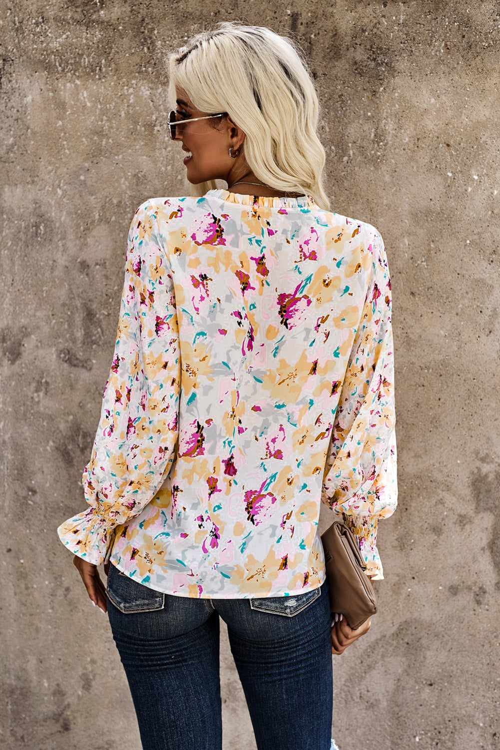 Red Floral Print Boho Tie Front Long Sleeve Blouse for Women