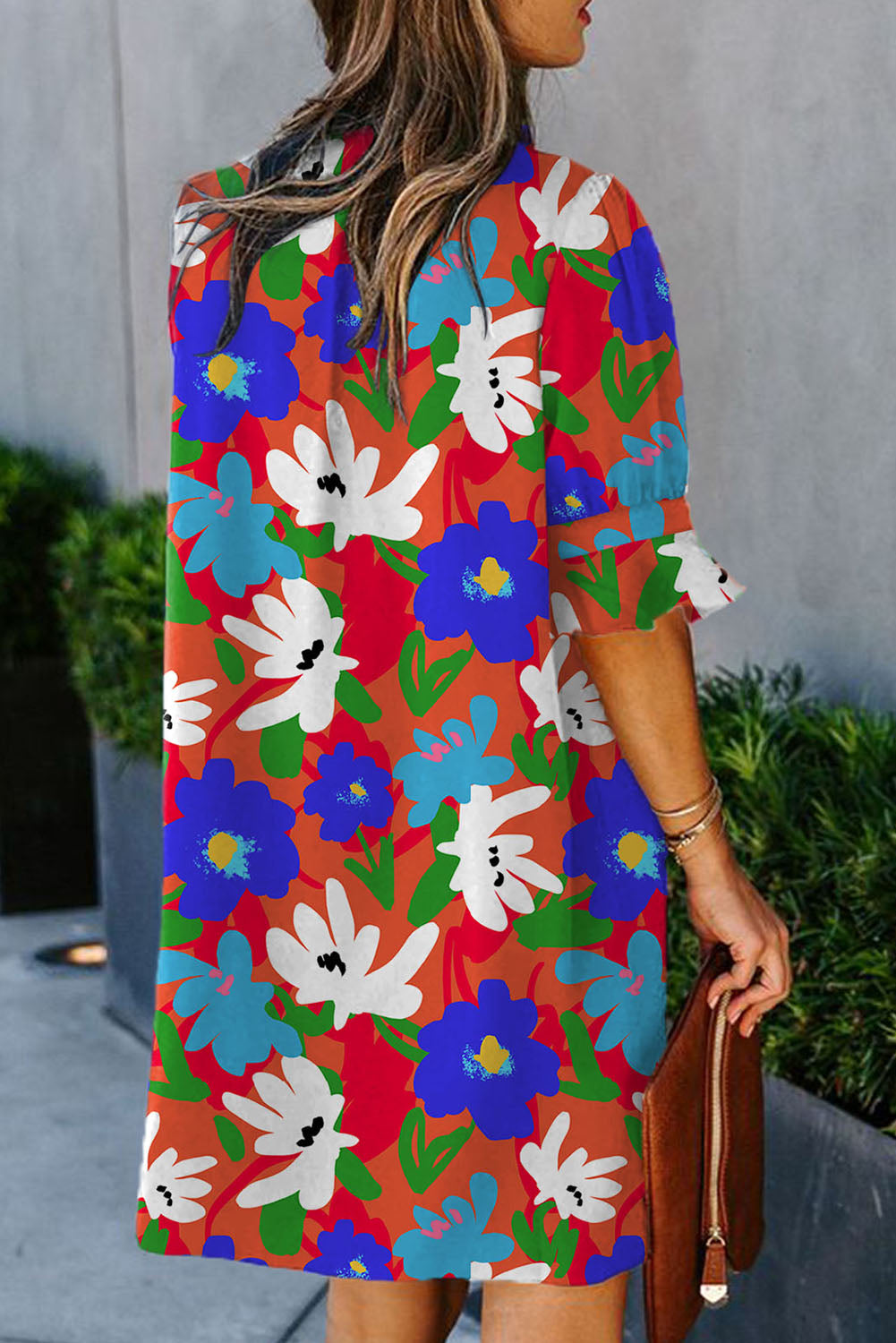 Rose Floral Print Mandarin Collar Short Sleeve Tunic Dress