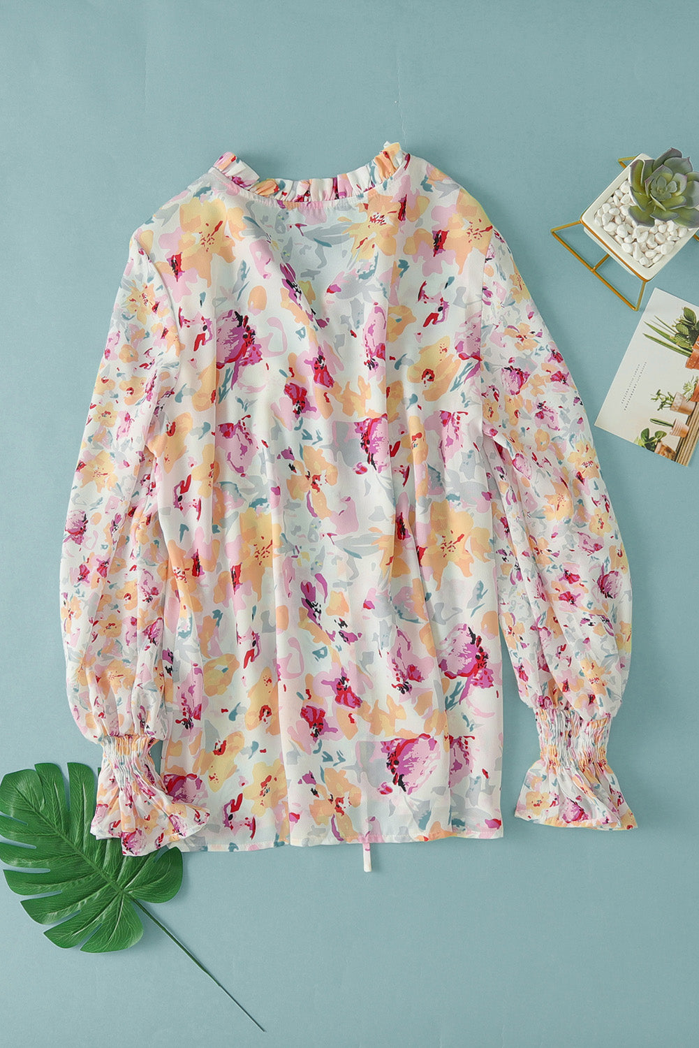Red Floral Print Boho Tie Front Long Sleeve Blouse for Women