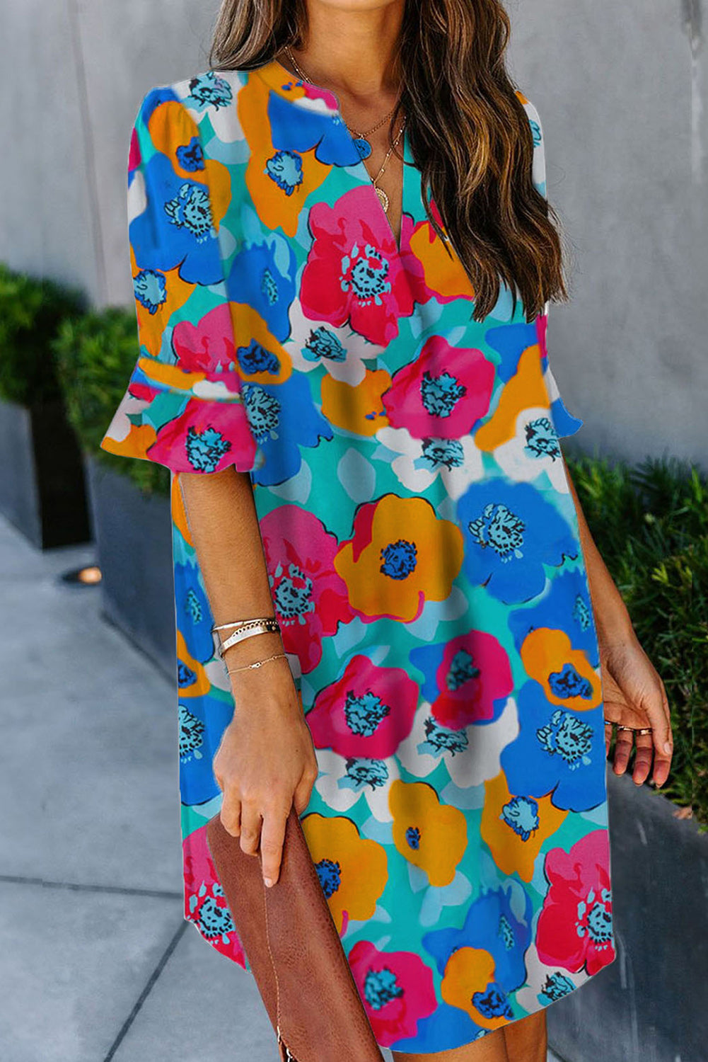 Rose Floral Print Mandarin Collar Short Sleeve Tunic Dress