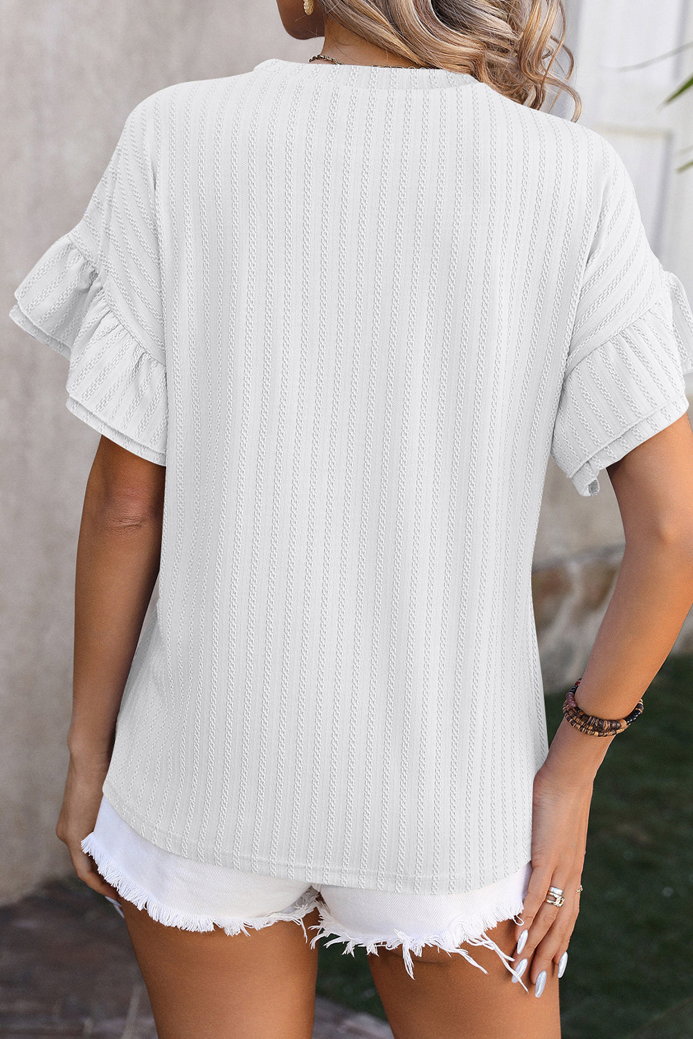 White Solid Color Layered Ruffle Sleeve Textured Blouse