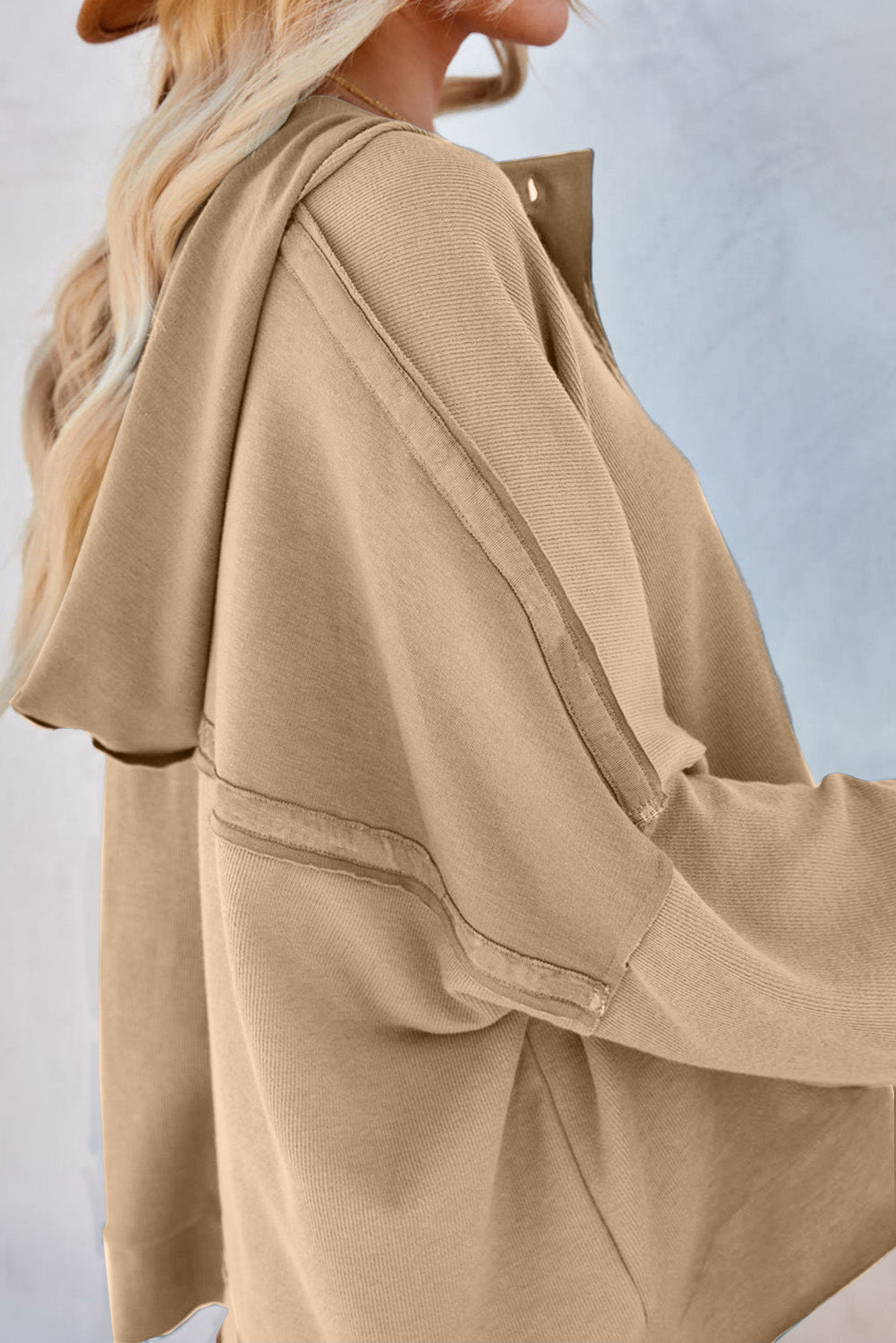 Khaki Solid Casual Button Patchwork Seam Trim Hoodie