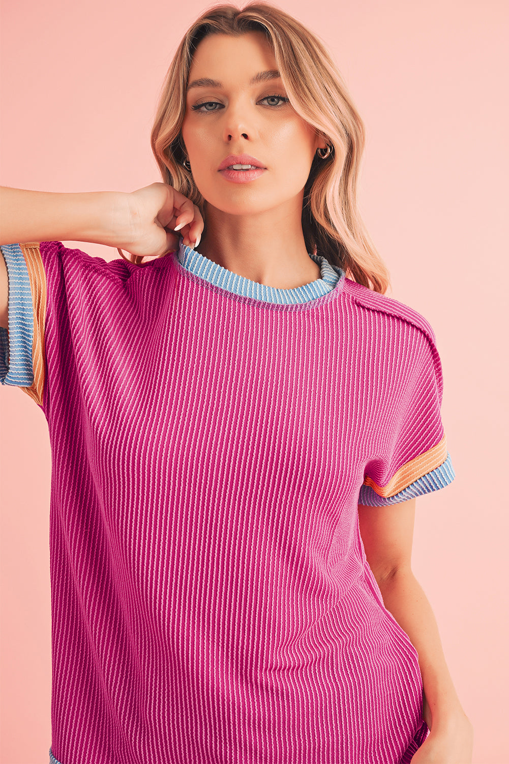 Light Pink Textured Colorblock Round Neck T Shirt