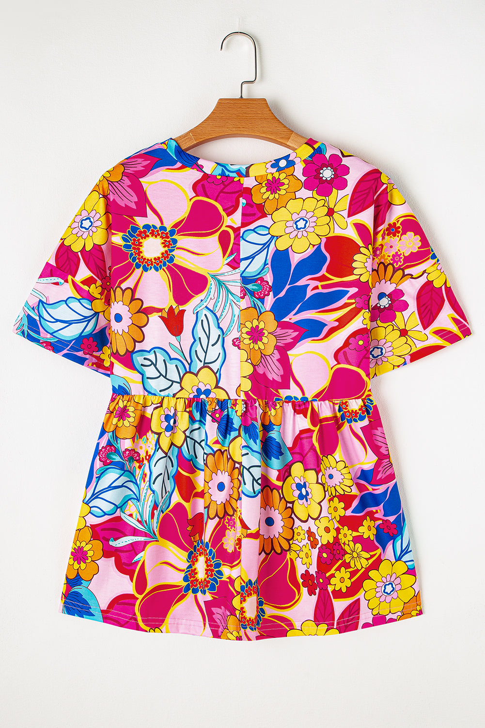 Rose Floral Print Short Sleeve Pleated Babydoll Blouse