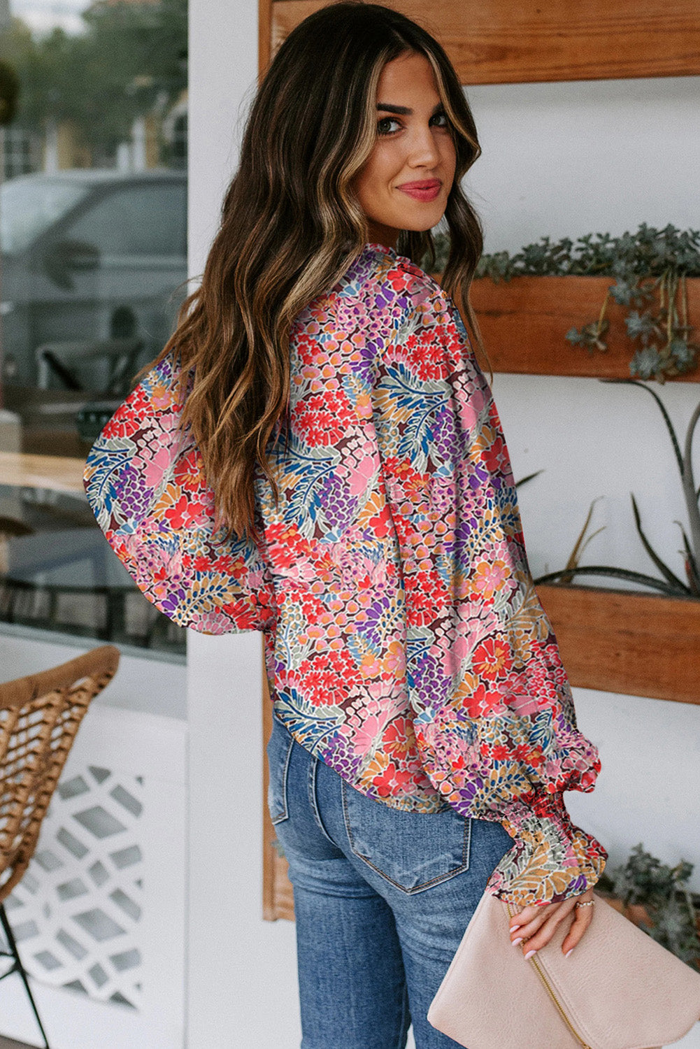 Red Floral Print Boho Tie Front Long Sleeve Blouse for Women