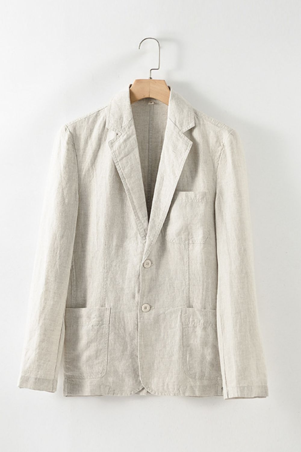 Buttoned Johnny Collar Long Sleeve Linen Blazer with Pockets