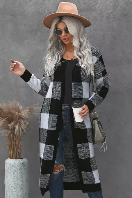 Waffle Knit Open Front Duster Cardigan With Pockets