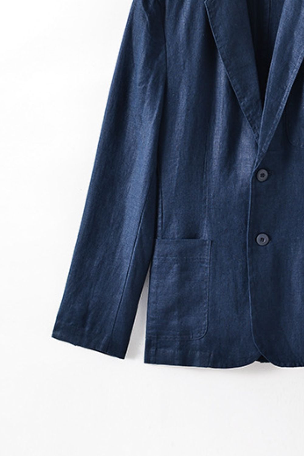Buttoned Johnny Collar Long Sleeve Linen Blazer with Pockets