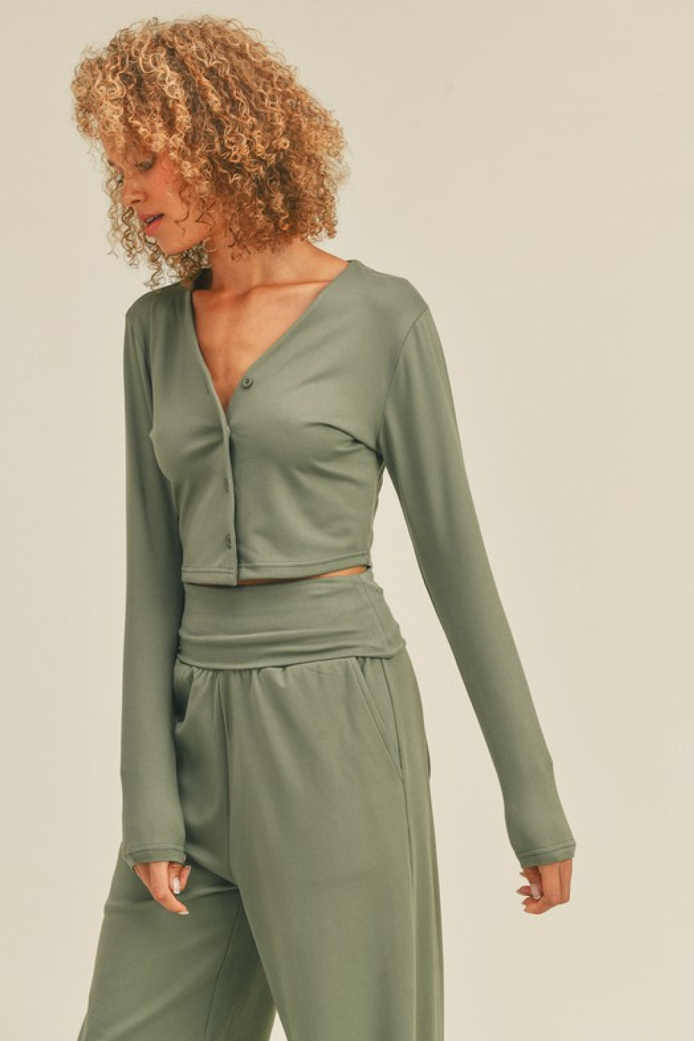 Kimberly C V-Neck Buttoned Top and Wide Waistband Wide Leg Pants Set