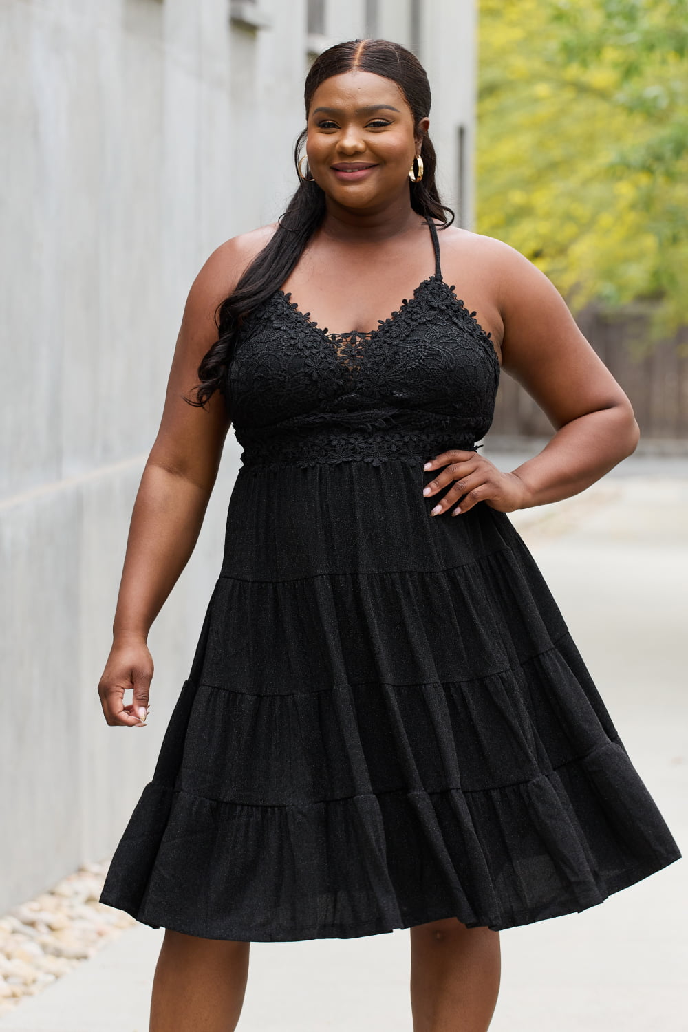 White Birch Full Size Metallic Crochet Lace Detail Midi Dress