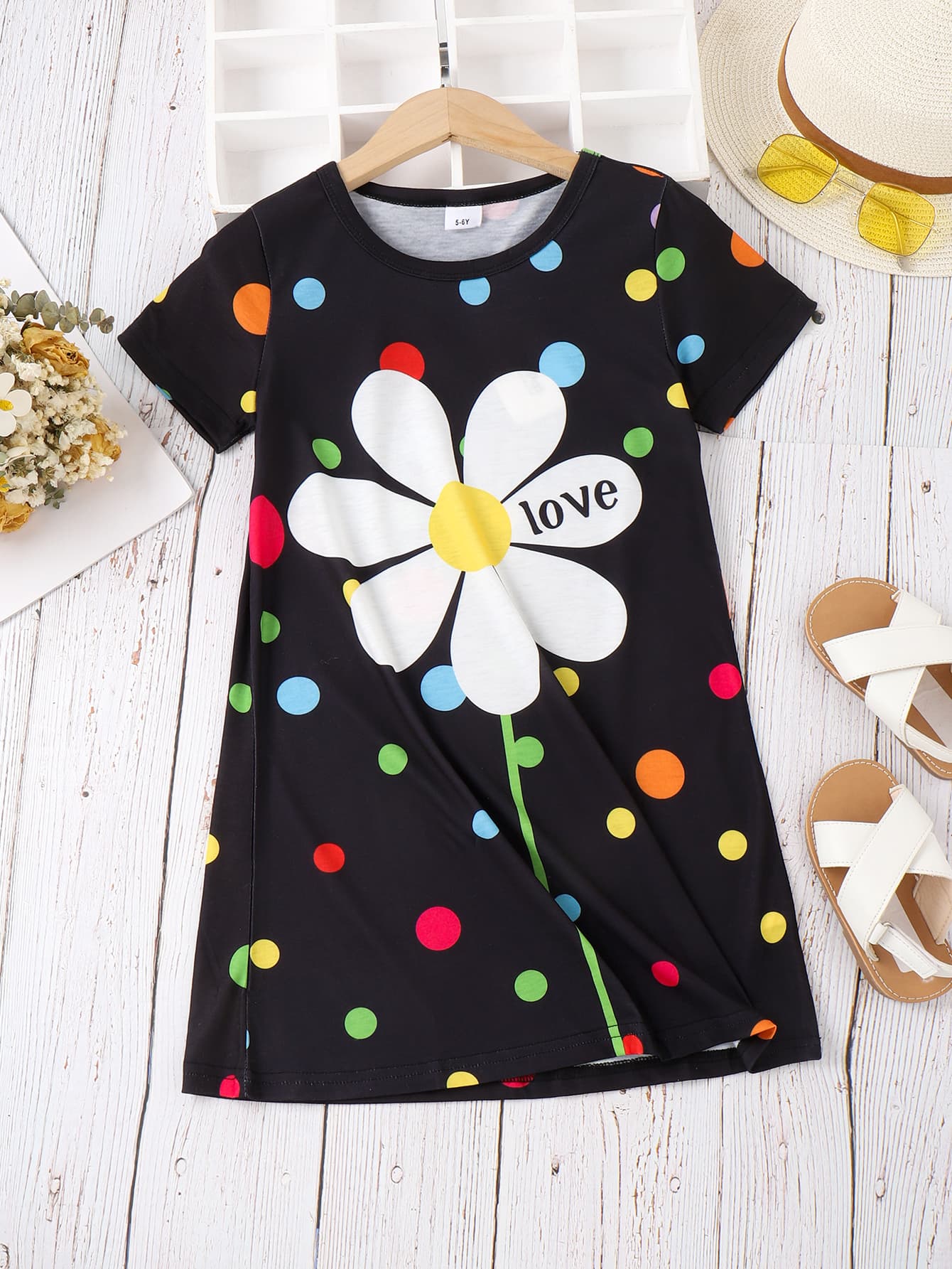 Girls Floral Polka Dot Round Neck Dress