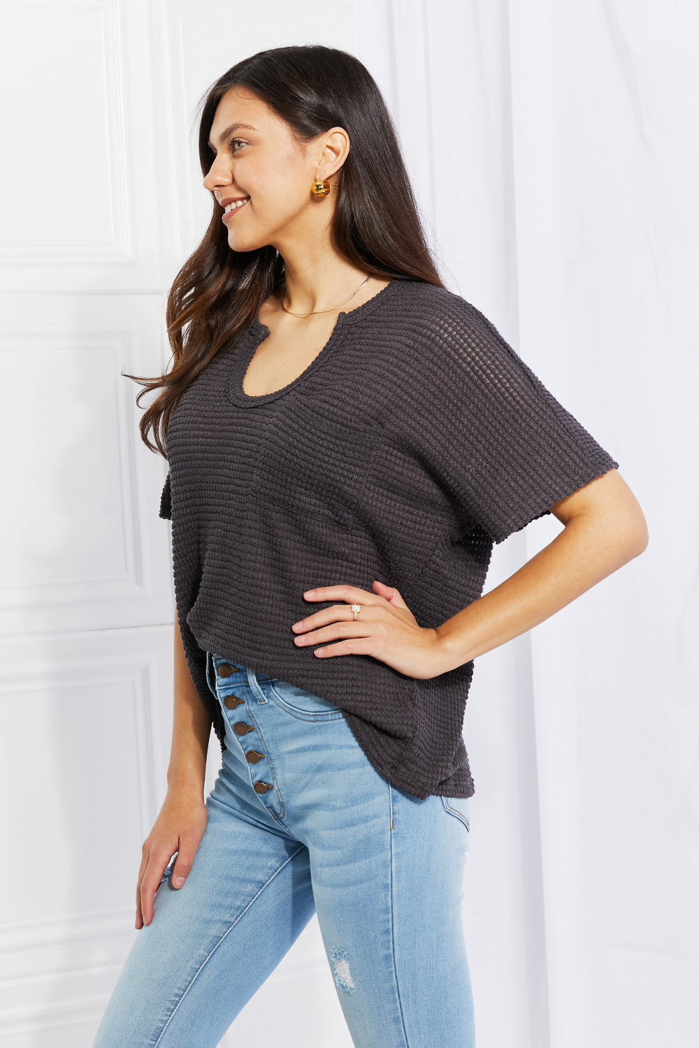 Zenana Full Size Spring It On Keyhole Jacquard Sweater in Gray