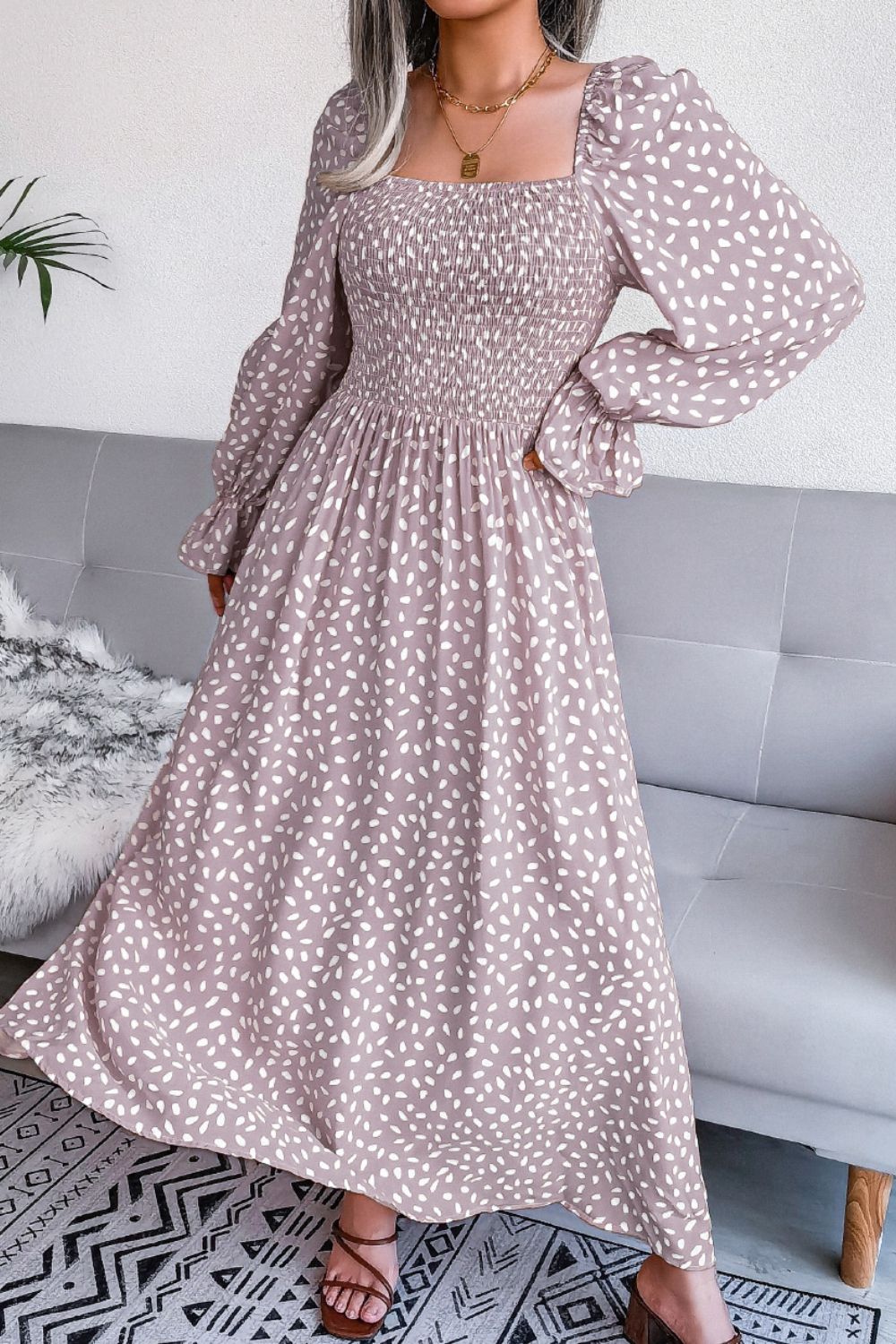 Printed Smocked Flounce Sleeve Maxi Dress