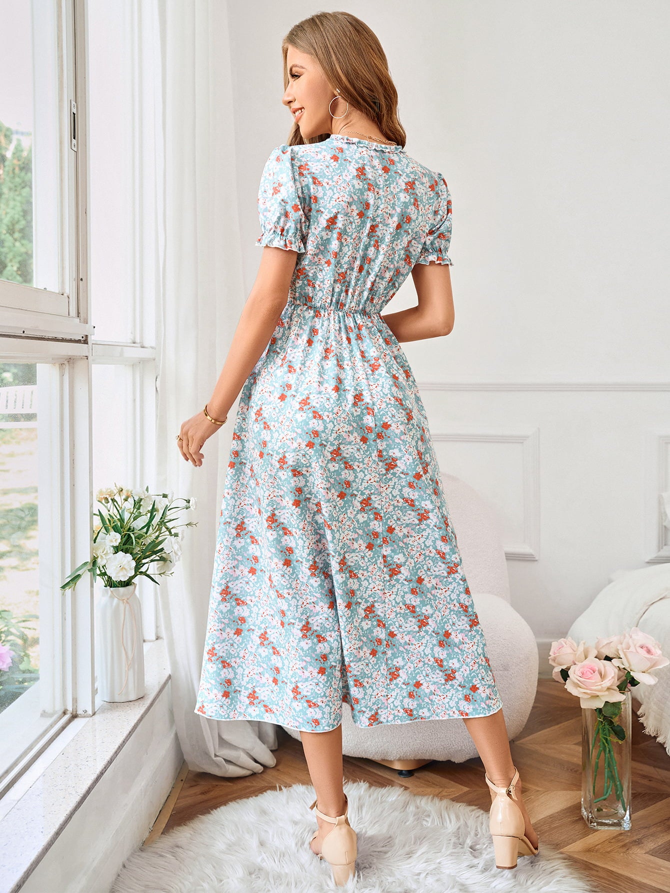 Floral Frill Trim V-Neck Flounce Sleeve Dress