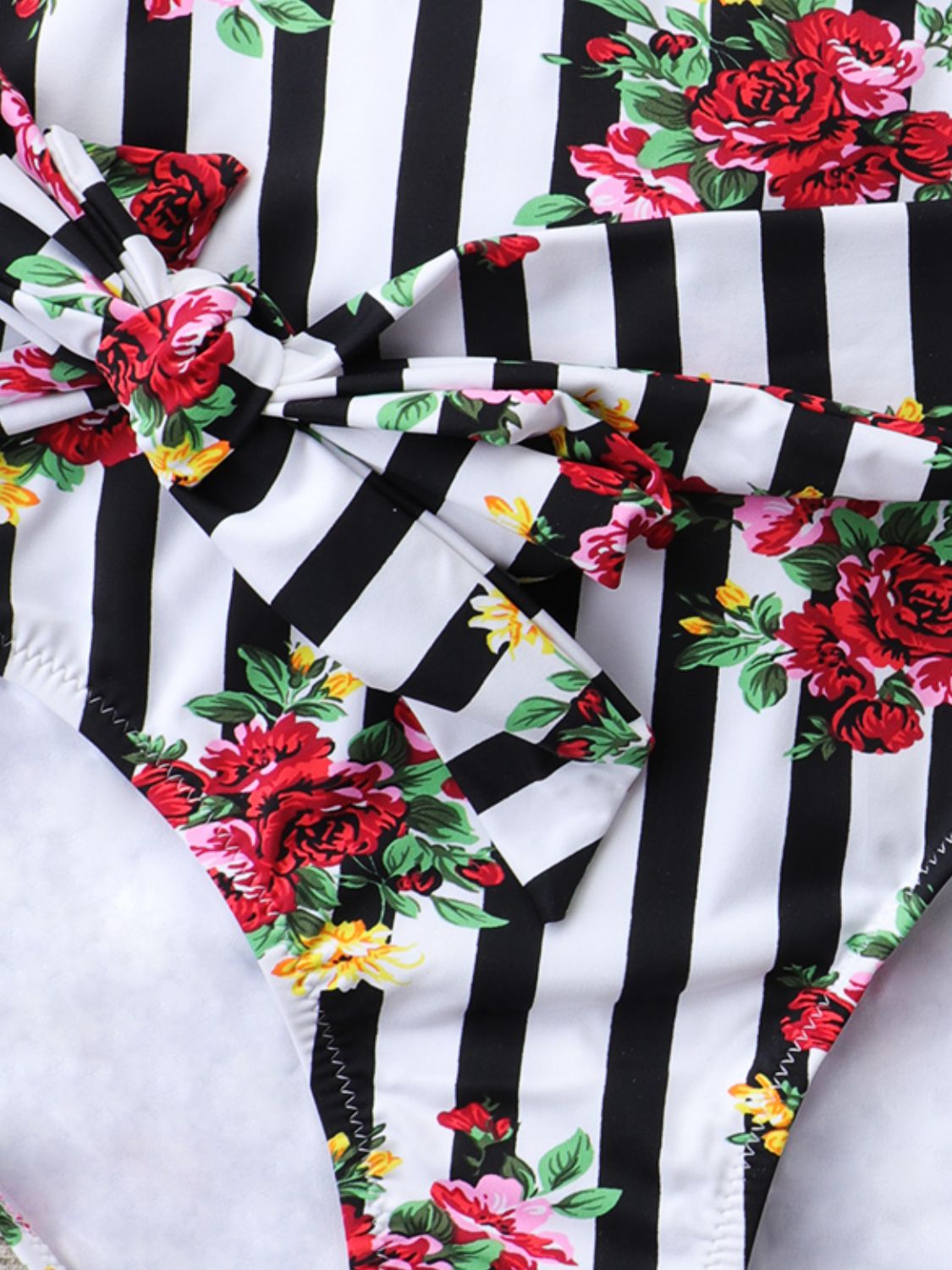 Floral Striped Lace-Up One-Piece Swimsuit