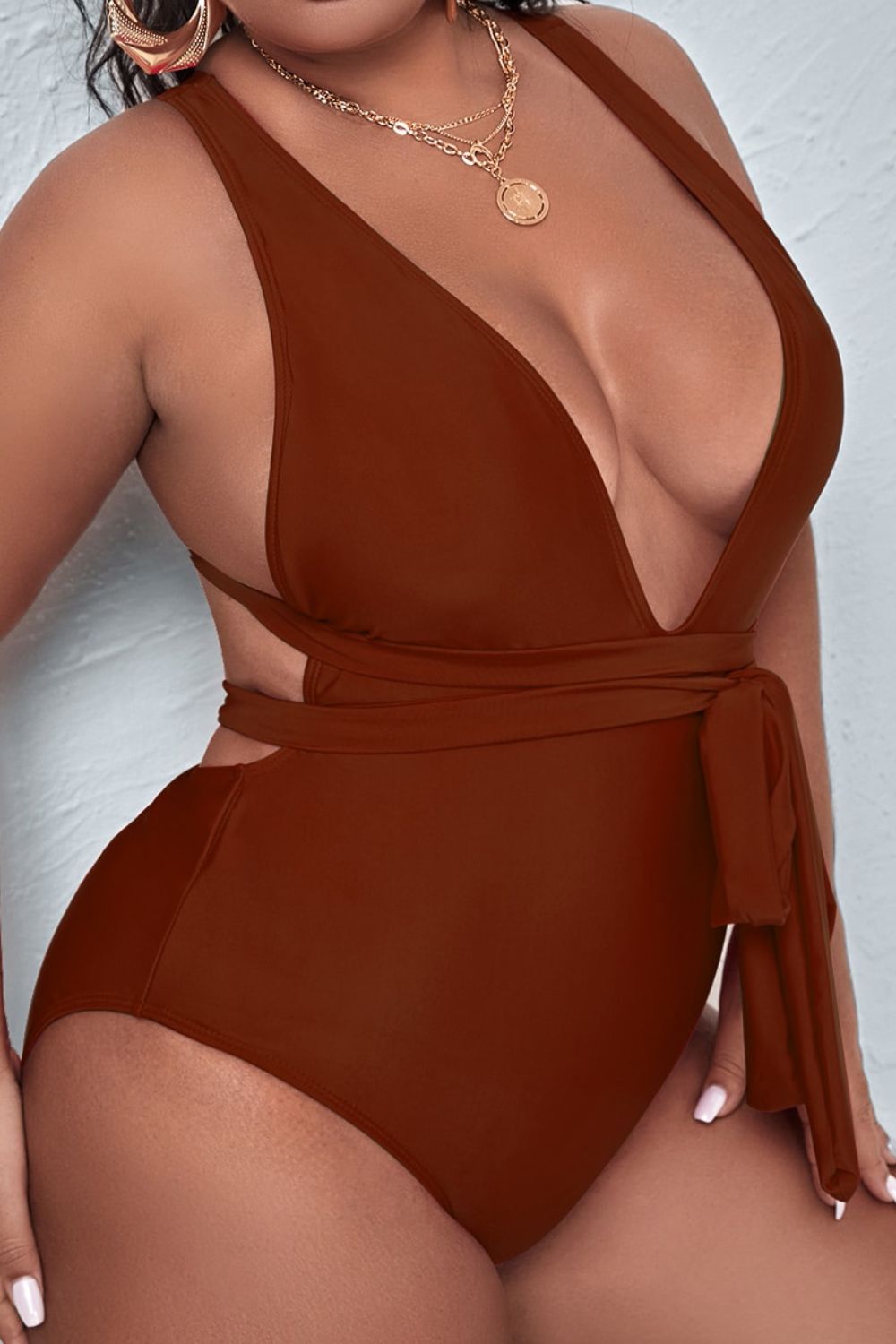 Plus Size Tie Waist Deep V Crisscross Back One-Piece Swimsuit