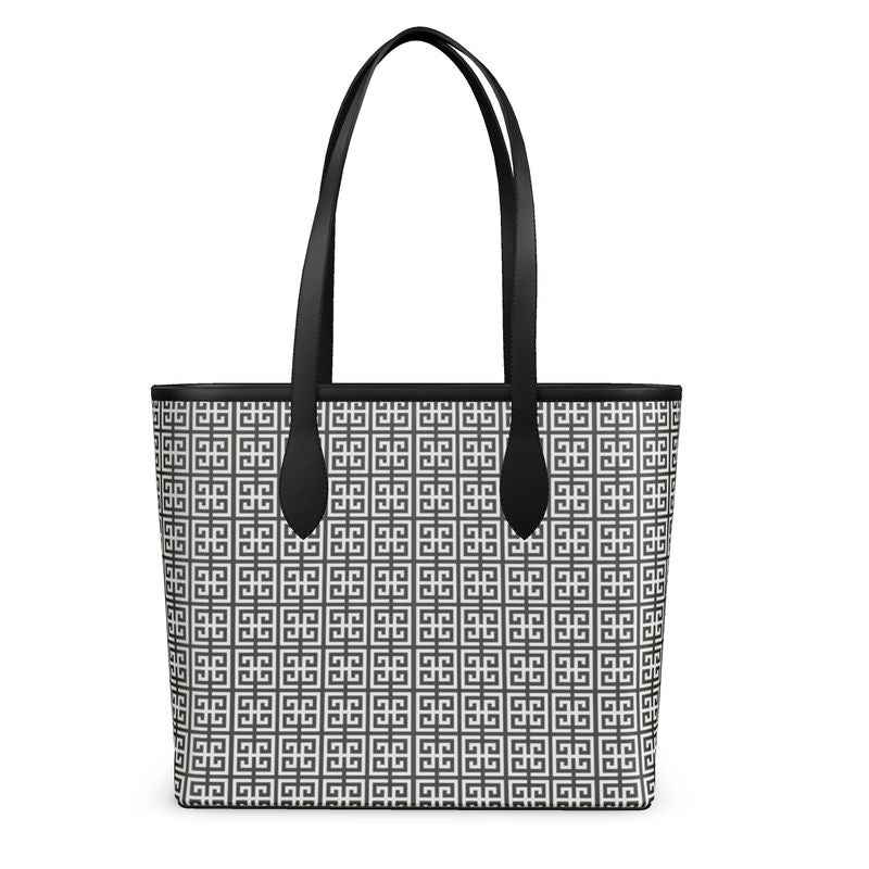 Gray and Black Greek Key Leather City Shopper
