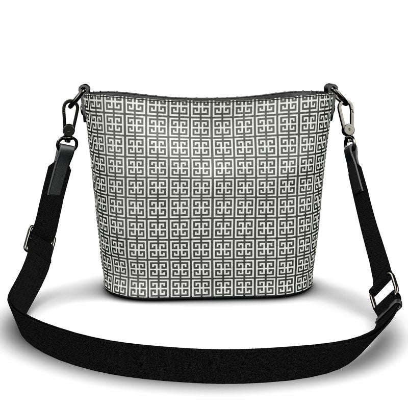 Gray and Black Greek Key Penzance Large Leather Bucket Tote