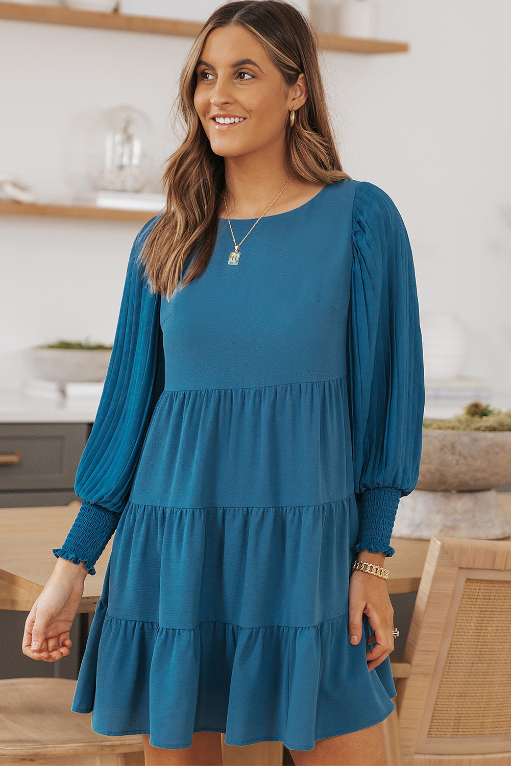 Round Neck Lantern Sleeve Tiered Dress