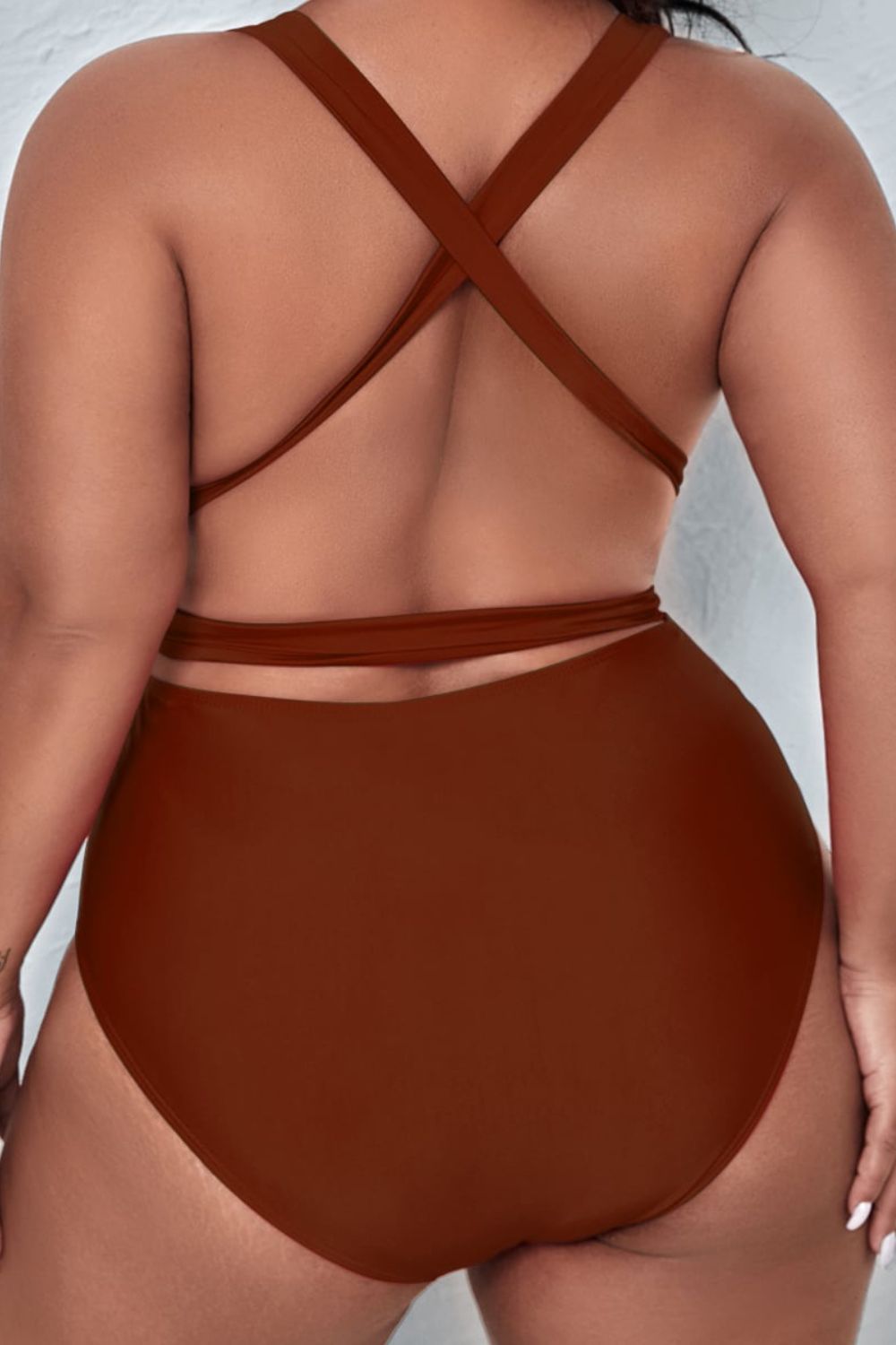 Plus Size Tie Waist Deep V Crisscross Back One-Piece Swimsuit