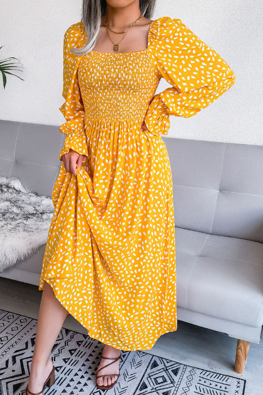 Printed Smocked Flounce Sleeve Maxi Dress