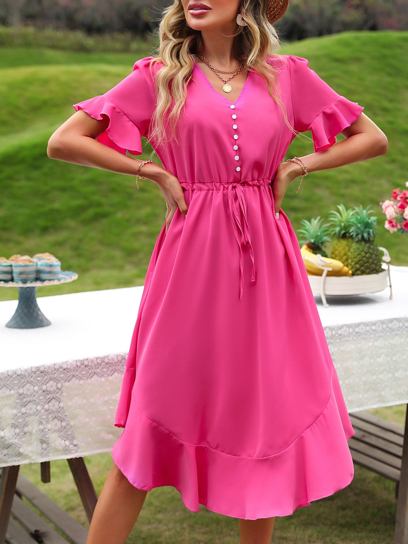 Decorative Button Drawstring Waist Flounce Sleeve Dress
