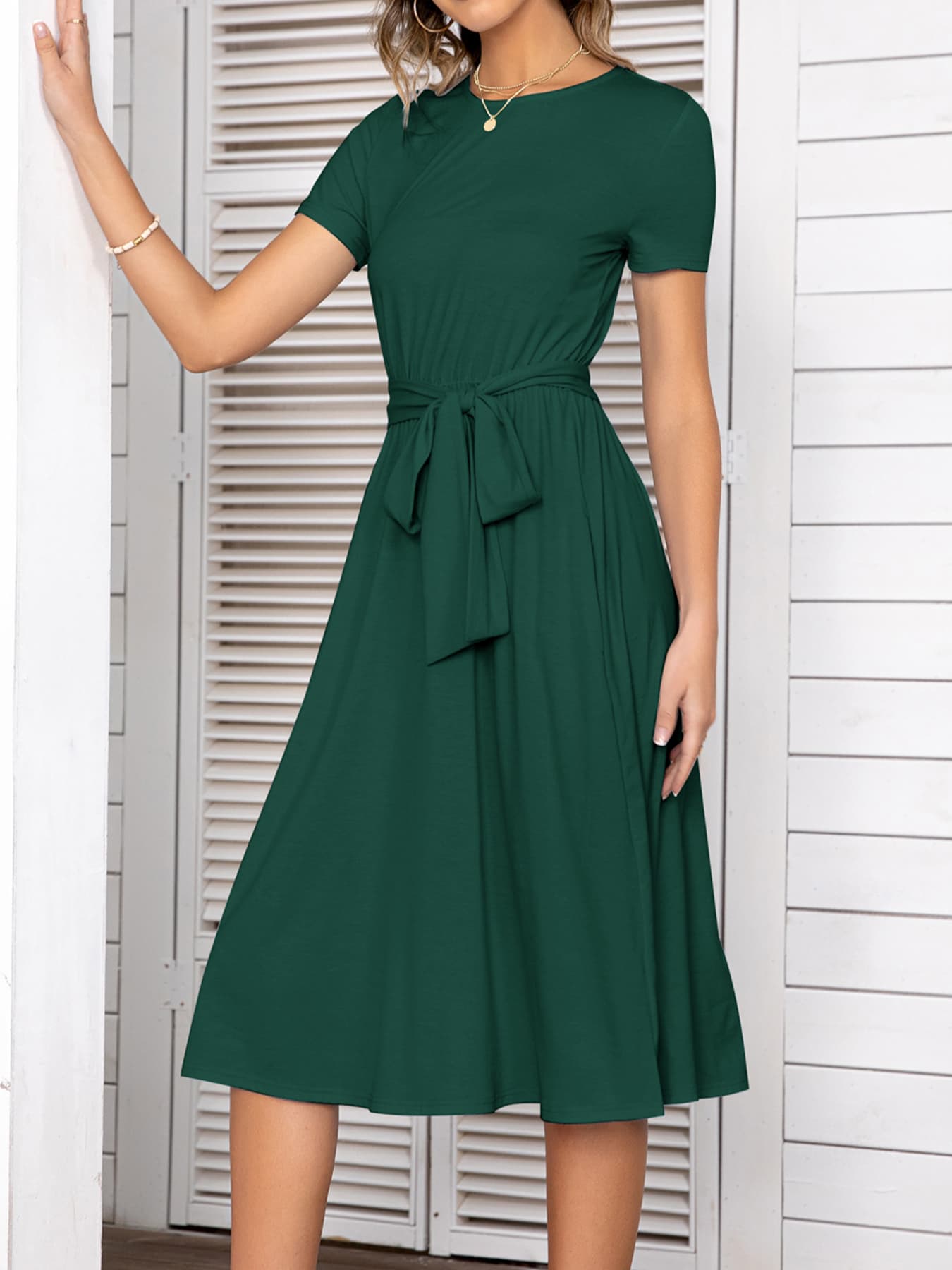 Round Neck Short Sleeve Tie Waist Dress