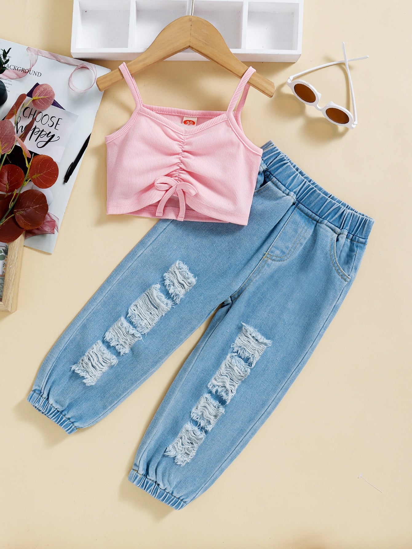 Girls Drawstring Cami and Distressed Jeans Set