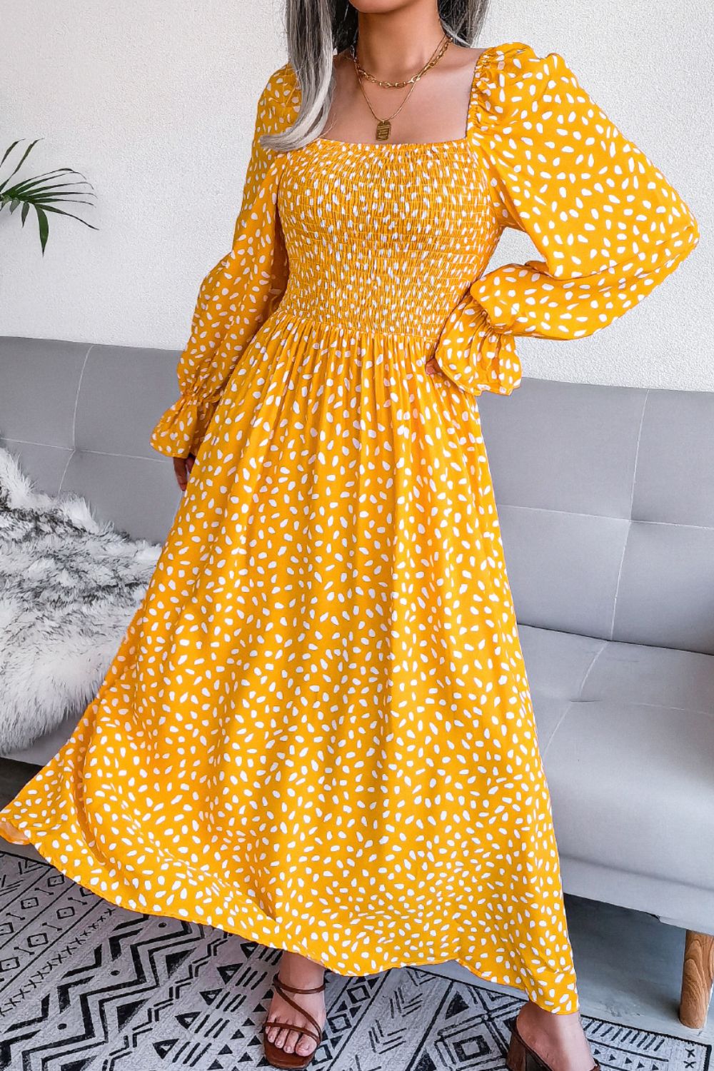 Printed Smocked Flounce Sleeve Maxi Dress